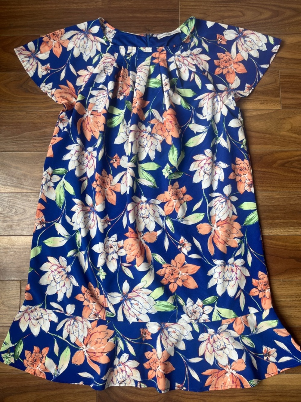 Signature Navy Floral Flutter-Sleeve Dress Blue Coral & White Blossoms Summer